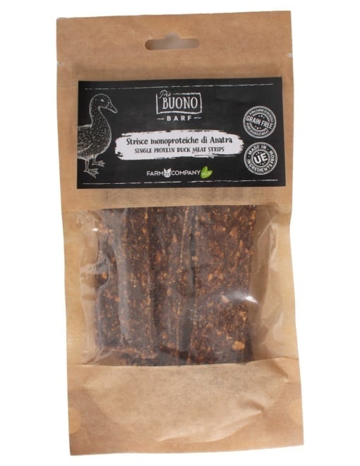 M-PIU155 Farm Company Recompense Caini - Piu Buono Duck Meat Strips Monoprotein 70g [1]