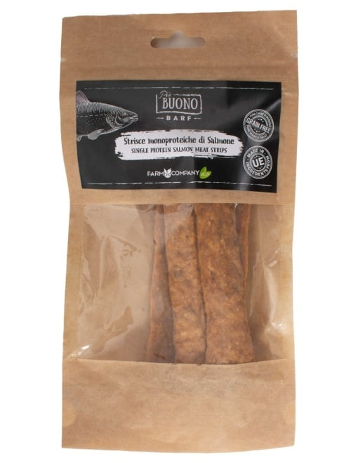 M-PIU156 Farm Company Recompense Caini - Piu Buono Salmon Meat Strips Monoprotein 70g [1]