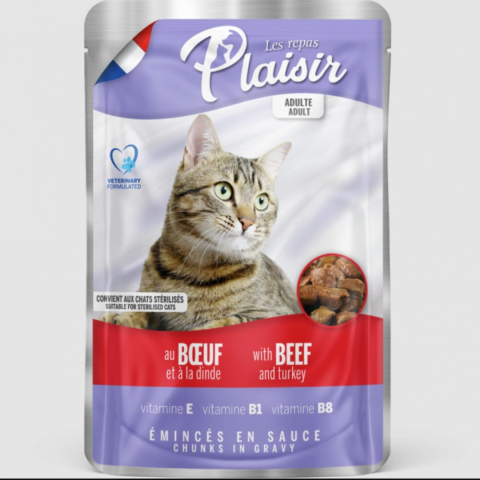 Hrana umeda - Hrana umeda pentru pisici adulte&sterilizate  Plaisir - vita&curcan 100g