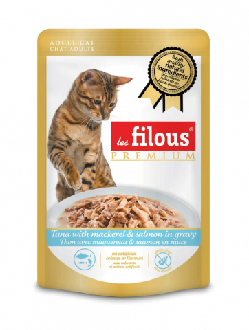 Hrana umeda - Hrana umeda pentru pisici Les Filous, Ton, macrou si somon in sos 80g