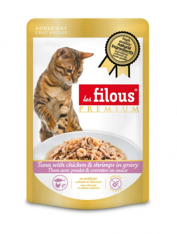 Hrana umeda - Hrana umeda pentru pisici Les Filous, Ton, pui si creveti 80g