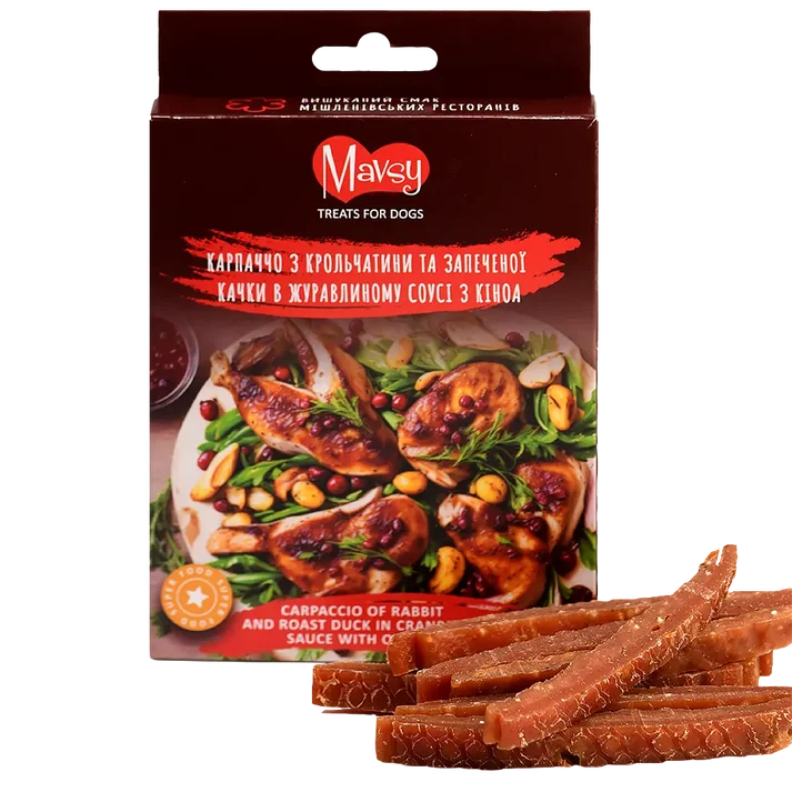 Recompense caini - Mavsy Fine Dining - Carpaccio Iepure si Rata Coapta in Sos de Merisoarea100g