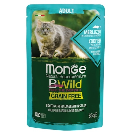 Hrana umeda - Monge Cat Plic Bwild cod / creveti / legume 85g