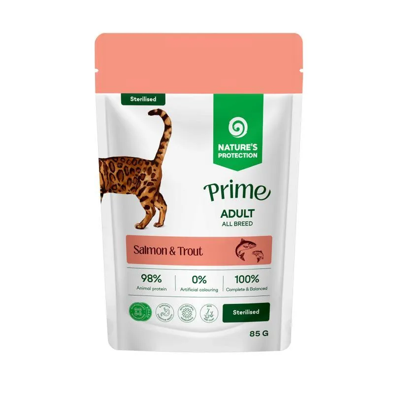 Hrana umeda - Nature's Protection Prime cu Somon si Pastrav pentru Pisici Sterilizate 85 gr