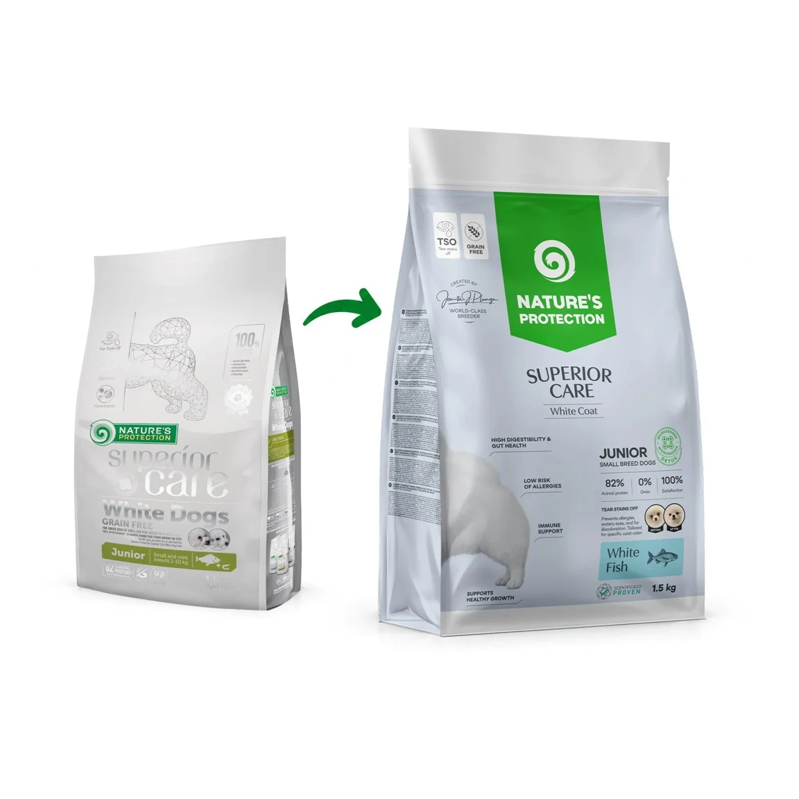 Caini - Hrană uscată Nature's Protection White Dogs Junior Pește Alb 1.5kg pentru căței de talie mică cu blană albă