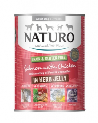 Hrana umeda - Naturo Adult cu Carne de Somon si Pui, amestec de Legume si Fructe in Jeleu cu Ierburi Aromatice 390g