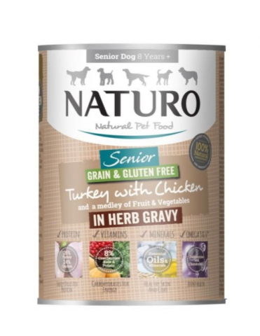 Hrana umeda - Naturo Senior cu Carne de Curcan si Pui, Amestec de Fructe si Legume in Sos cu Ierburi Aromatice 390g