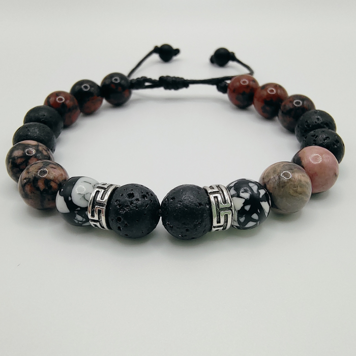 Bratara cu snur, pietre semipretioase  Rhodonit, Jasp, Lavă și Howlit [1]