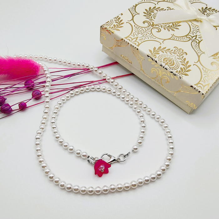 Set colier si bratara din perle albe, 3mm [1]