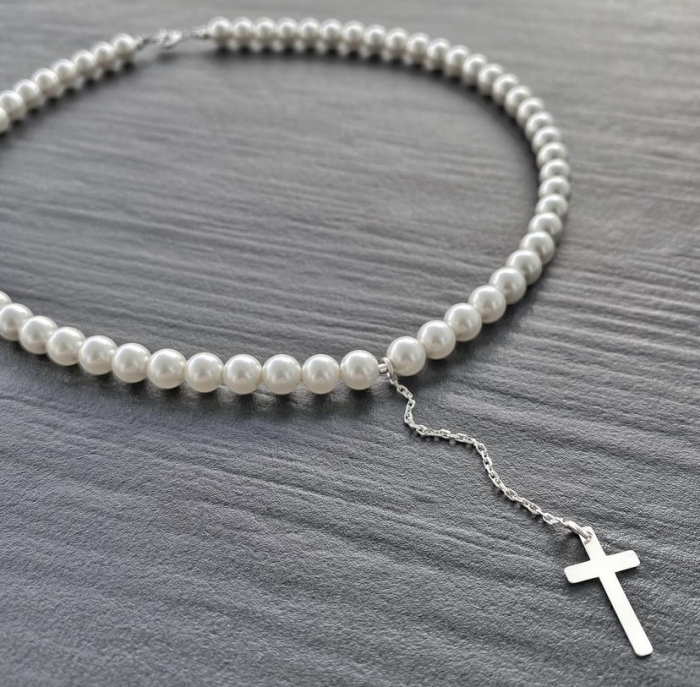 Colier cu Perle Preciosa albe si pandantiv Cruce din Argint 925 [2]