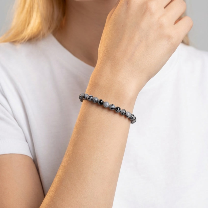 Bratara cu Pietre Semipretioase Naturale Obsidian Fulg de Nea de 6mm, unisex [3]