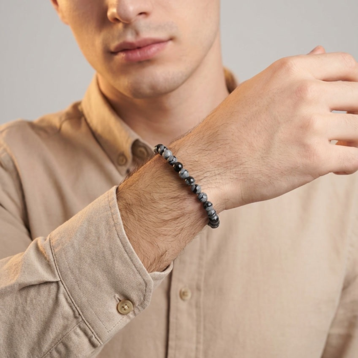 Bratara cu Pietre Semipretioase Naturale Obsidian Fulg de Nea de 6mm, unisex [2]