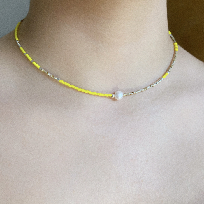 Colier cu Perla naturala, elemente din Argint 925 si margele Miyuki, galben/bej [3]