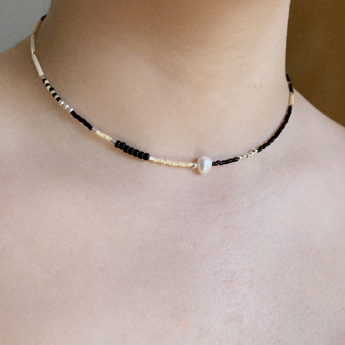 Colier cu Perla naturala, elemente din Argint 925 si margele Miyuki, negru/bej [3]