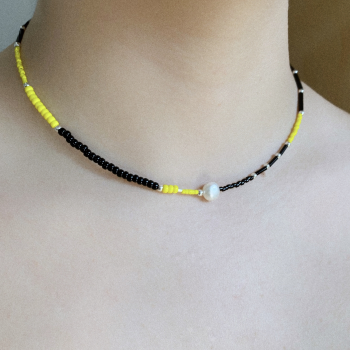 Colier cu Perla naturala, elemente din Argint 925 si margele Miyuki, negru/galben [3]