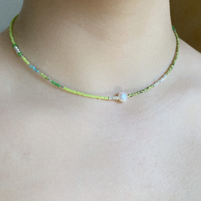 Colier cu Perla naturala, elemente din Argint 925 si margele Miyuki, verde/kiwi [3]
