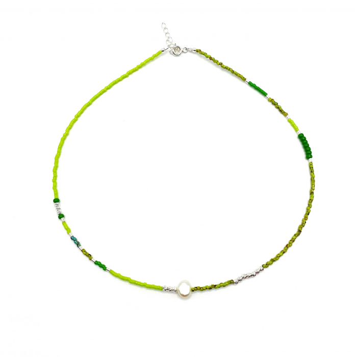 Colier cu Perla naturala, elemente din Argint 925 si margele Miyuki, verde/kiwi [1]
