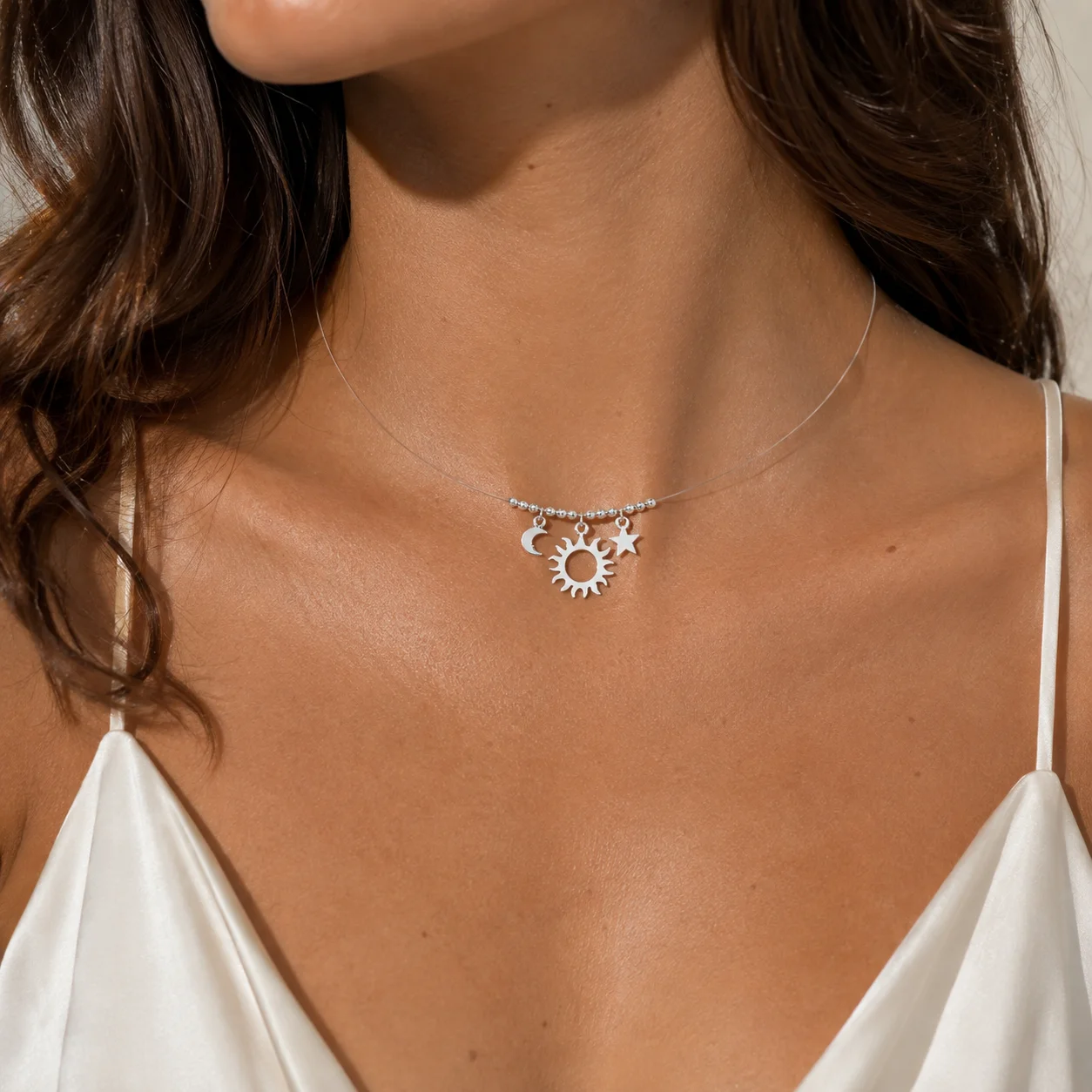 Colier fir transparent cu 3 pandantive Luna-Soare-Stea din Argint 925 [2]