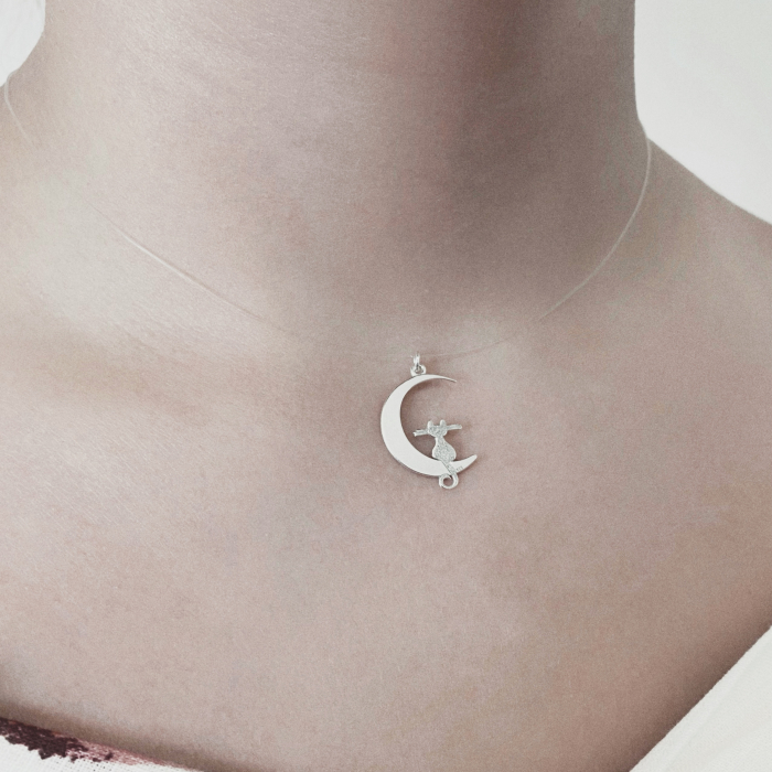 Colier fir transparent cu pandantiv Pisica pe Luna din Argint 925 [2]