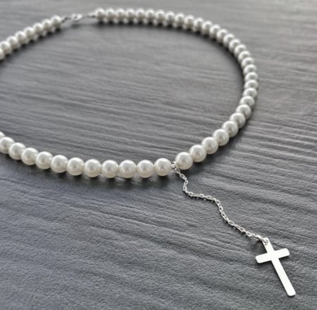 Colier cu Perle Preciosa albe si pandantiv Cruce din Argint 925 [1]