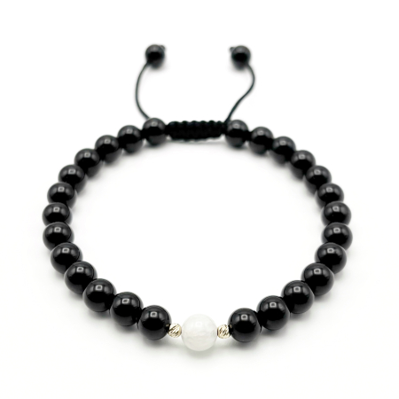 BRĂȚĂRI - Bratara cu bile din AUR 14K si pietre naturale Onix si Piatra Lunii