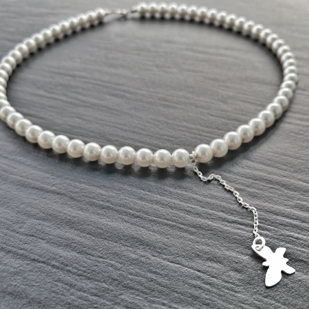 Coliere cu perle - Colier cu Perle Preciosa albe si pandantiv Fluture din Argint 925