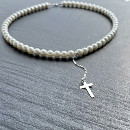 Coliere cu perle - Colier cu Perle Preciosa albe si pandantiv Cruce din Argint 925