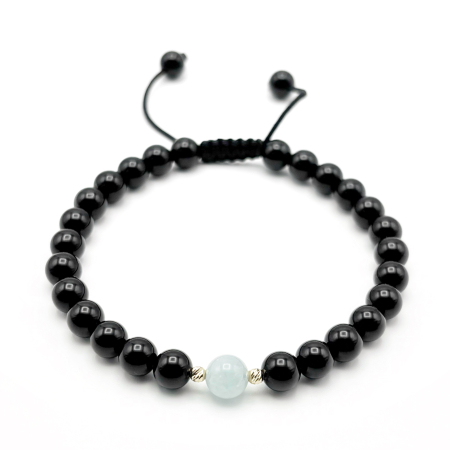 BRĂȚĂRI - Bratara cu bile din AUR 14K si pietre naturale Onix si Acvamarin