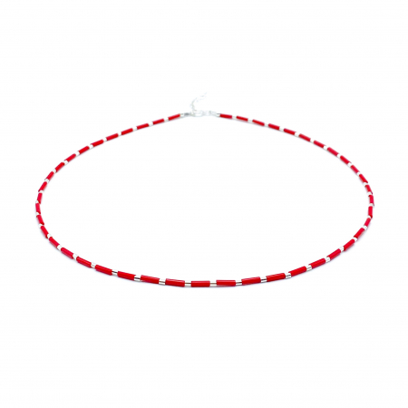 Coliere cu mărgele colorate - Colier cu accesorii tubulare din Argint 925 si margele rosii