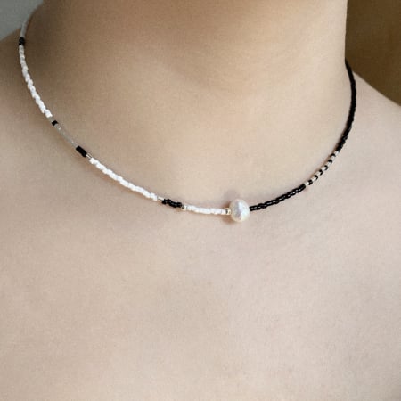 Colier cu Perla naturala, elemente din Argint 925 si margele Miyuki, alb/negru [2]