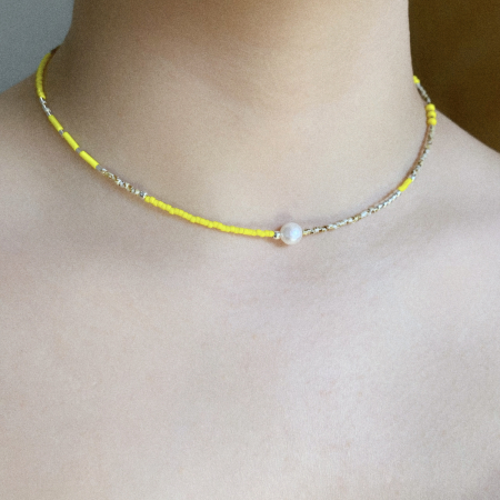 Colier cu Perla naturala, elemente din Argint 925 si margele Miyuki, galben/bej [2]