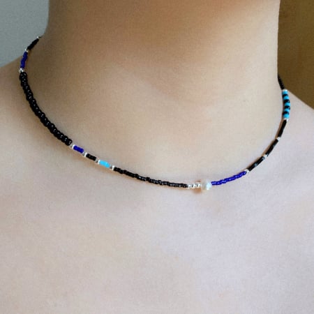 Colier cu Perla naturala, elemente din Argint 925 si margele Miyuki, negru/albastru [2]