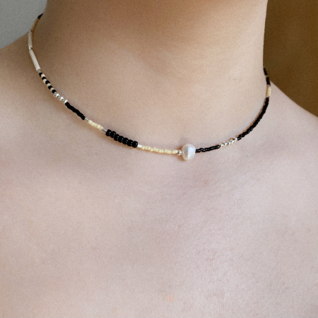 Colier cu Perla naturala, elemente din Argint 925 si margele Miyuki, negru/bej [2]