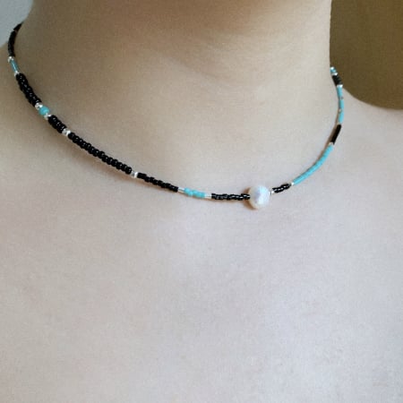 Colier cu Perla naturala, elemente din Argint 925 si margele Miyuki, negru/turcoaz [2]