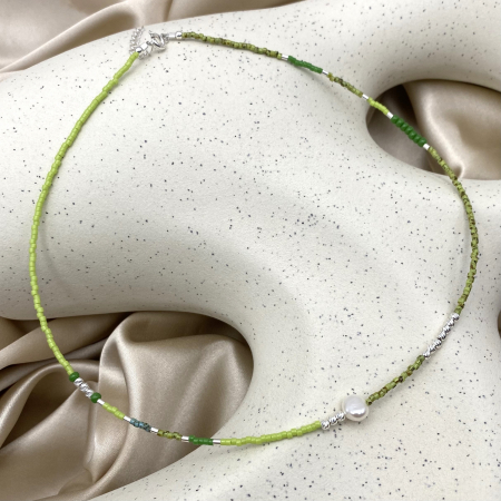Colier cu Perla naturala, elemente din Argint 925 si margele Miyuki, verde/kiwi [1]