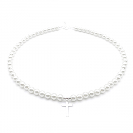 Coliere cu perle - Colier cu Perle Preciosa albe si pandantiv Cruce din Argint 925