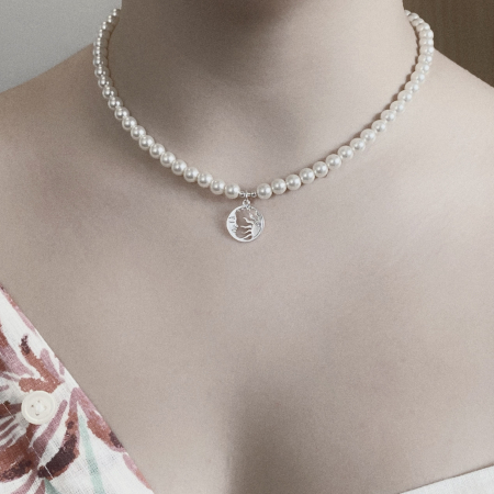 Colier cu Perle Preciosa albe si pandantiv Luna si Soare din Argint 925 [2]