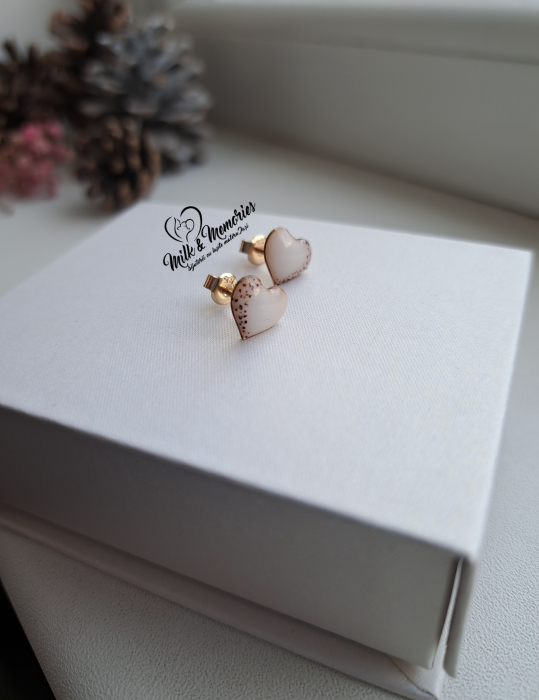 Cercei inimioara din aur galben 14K, cu lapte matern, si bucati din cordonul ombilical [3]