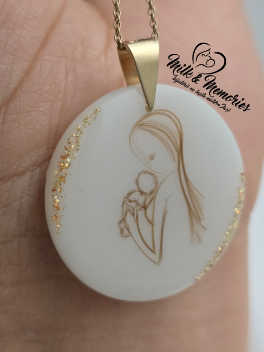 Pandantiv cu agatatoare din aur galben 14K, cu lapte matern si figurina mama si bebe din suvita [9]