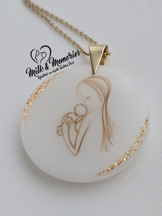 Pandantiv cu agatatoare din aur galben 14K, cu lapte matern si figurina mama si bebe din suvita [10]