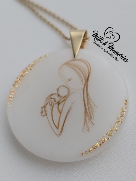 Pandantiv cu agatatoare din aur galben 14K, cu lapte matern si figurina mama si bebe din suvita [8]