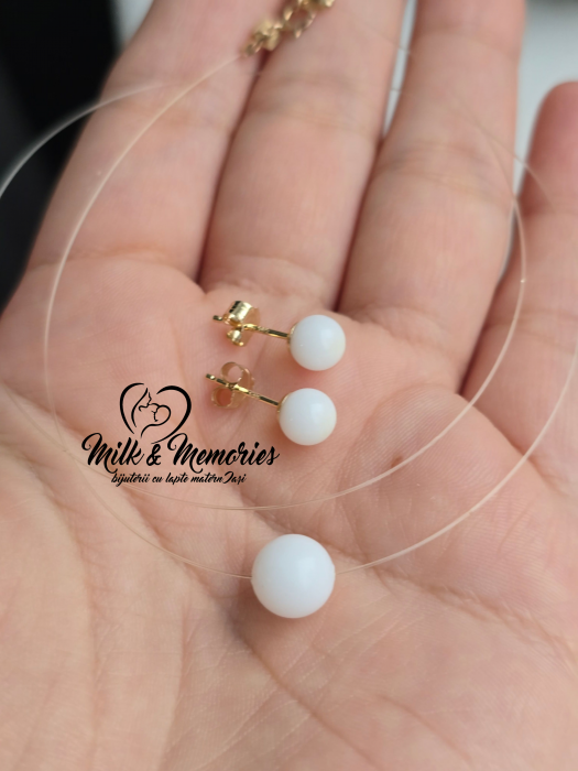 Set perle cu lapte matern, lantisor fir  transparent si baza din aur galben 14K [4]