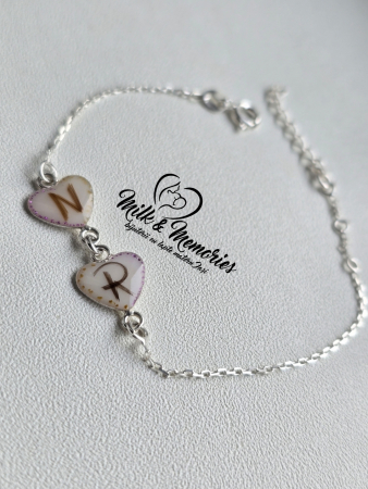 Produse - Bratara din argint cu lapte matern, initiale din fire de par, foiță roz/mov/argintie si bucati din cordonul ombilical