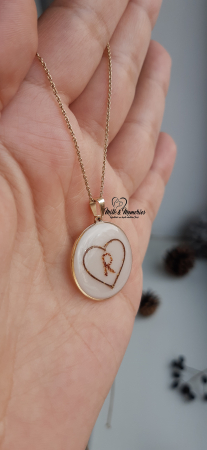 Pandantiv cu baza din aur, ce contine lapte matern, inima din suvita de par a bebelusului, si initiala din cordon ombilical [2]