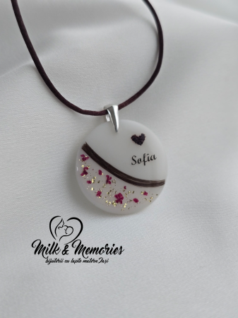Pandantive argint - Pandantiv cu lapte matern, personalizat cu numele bebelușului, șuvița de păr, inimioara din cordon ombilical, foita aurie si flori naturale uscate