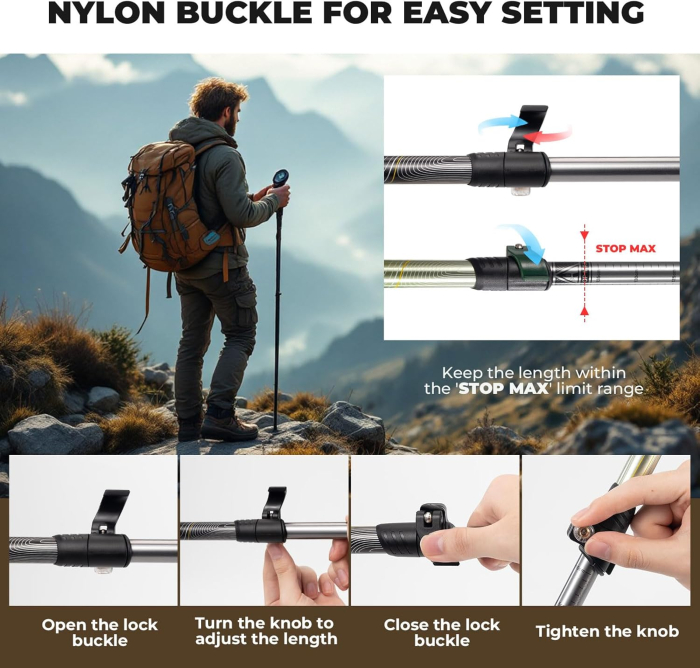 Bat de drumeție, bat de trekking, reglabil 62–135 cm, telescopice, aluminiu,pentru alpinism, camping, hiking [5]