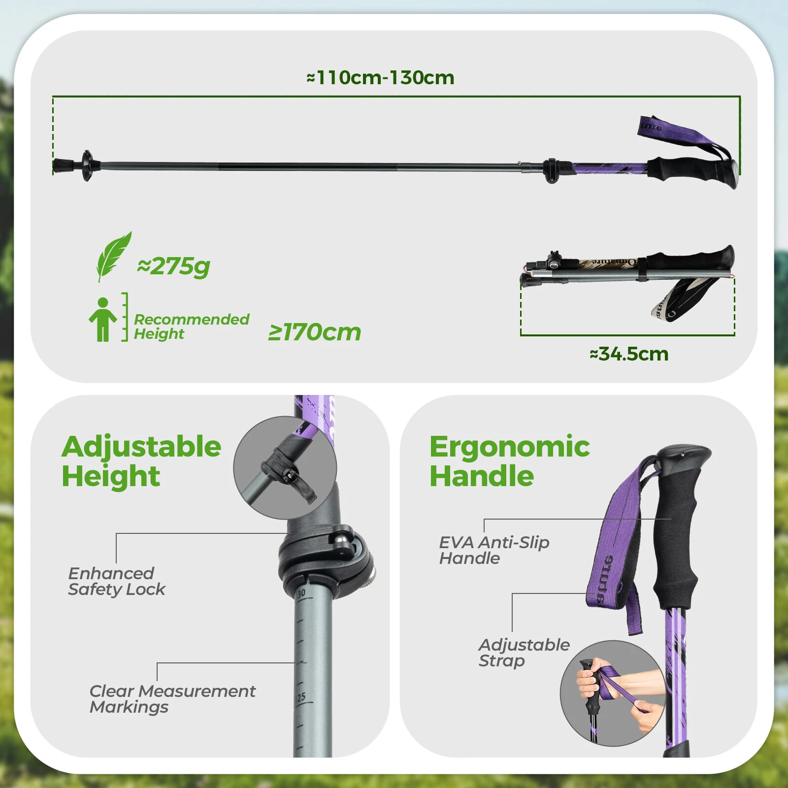 Bețe de drumeție Qunature, bețe de drumeție din aluminiu 7075, 130 cm, mov [3]