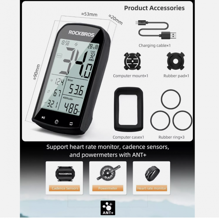 Ciclocomputer RockBros Wireless GPS ANT+ IPX6 Vitezometru de bicicletă cu afișaj LED [2]