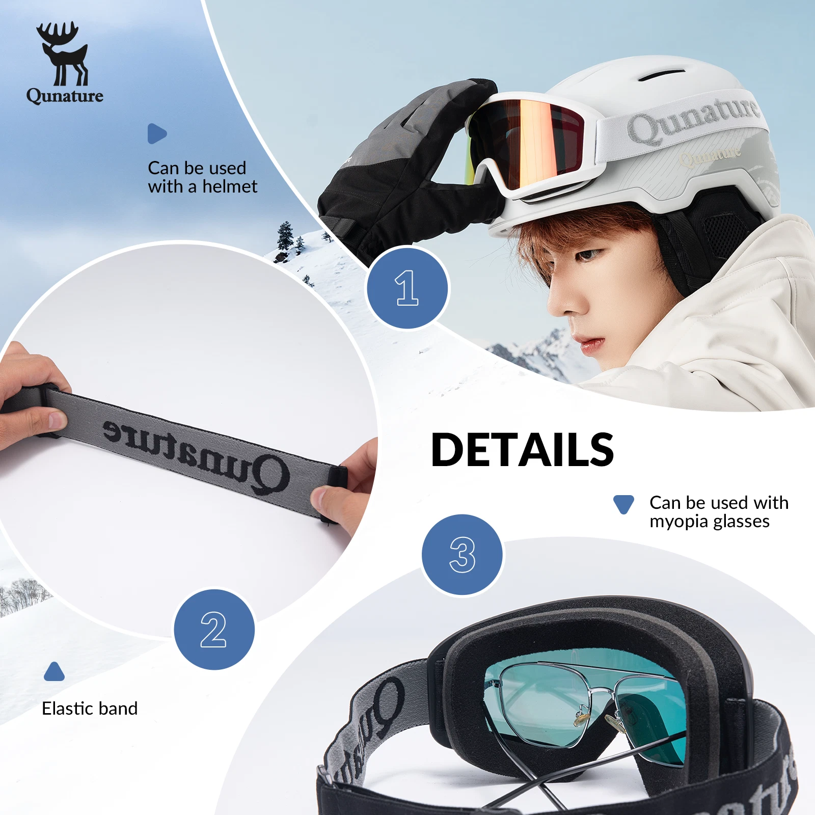 Ochelari de schi Qunature, cu lentile duble anti-aburire, pentru schi și snowboarding. [5]