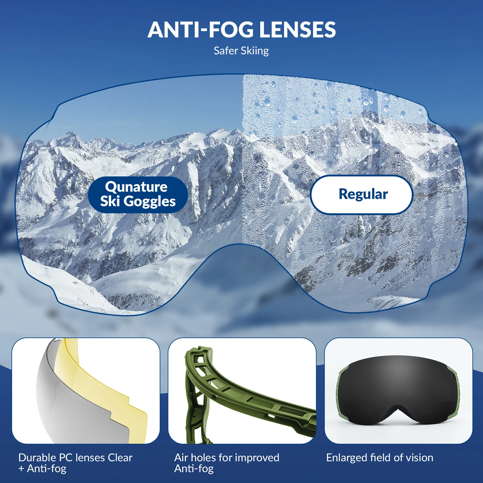 Ochelari de schi și snowboard Qunature, cu protecție anti-ceață și UV400, pentru adulti, negru [2]